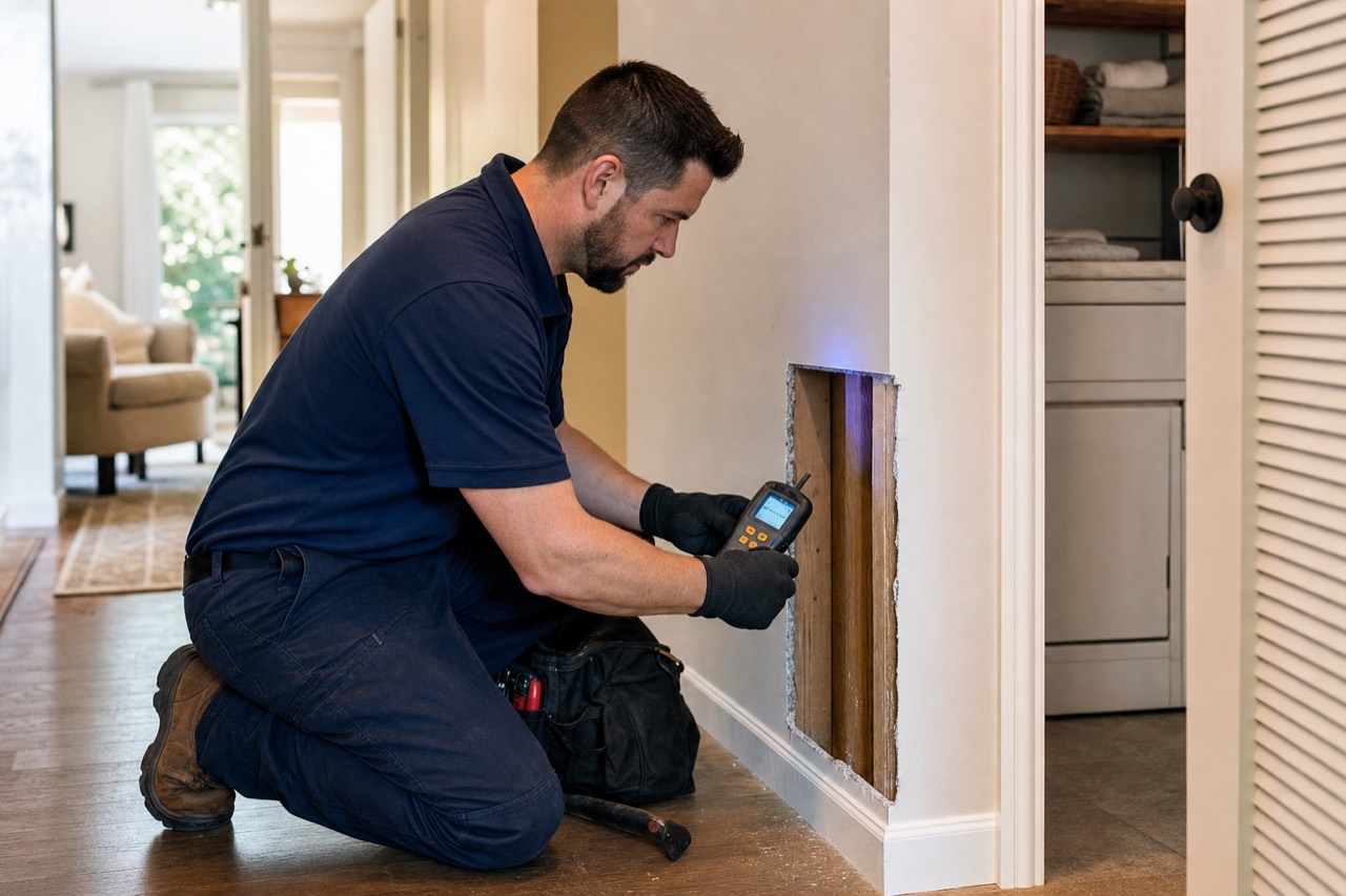Technician evaluating moisture at an opened wall in a Nashville home